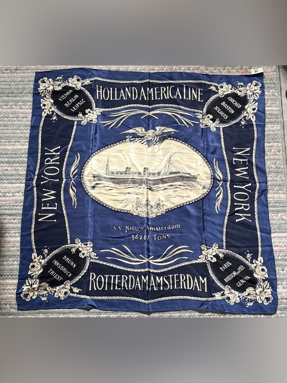 Vintage Holland America S.S. Nieuw Amsterdam 100% Silk Scarf 31 x 32”